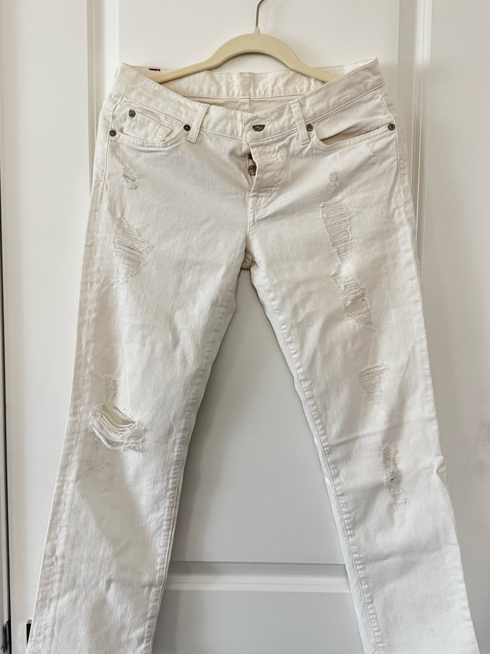 7 For All Mankind White Straight-Leg Distressed Jeans